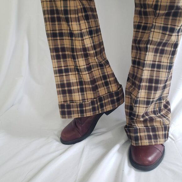 60s/70s Levi's Brown and Blue Plaid Pleated Flare Pants - Picture 2 of 6